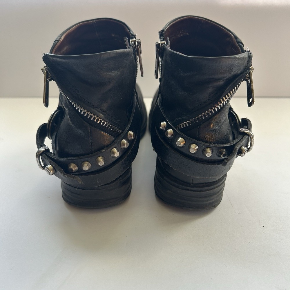 AS 98 Air Step Steve Black Leather Studded Moto Biker Ankle Zip Booties 37 6.5 - Picture 9 of 16